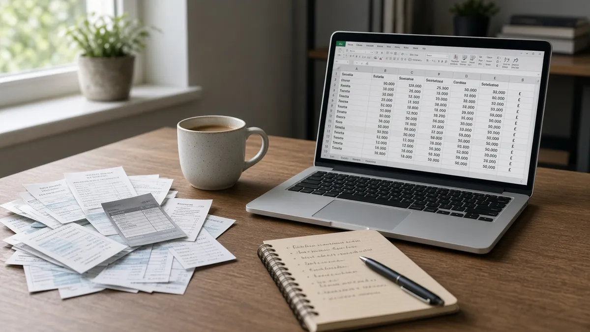 Desk with fuel receipts, laptop and notes for fleet reconciliation