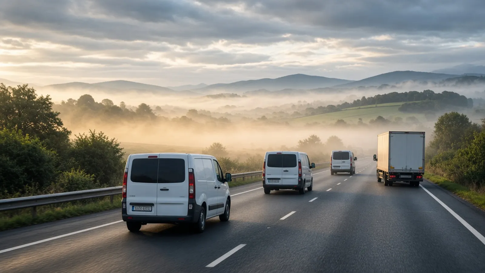 Commercial vans on a motorway in soft morning light