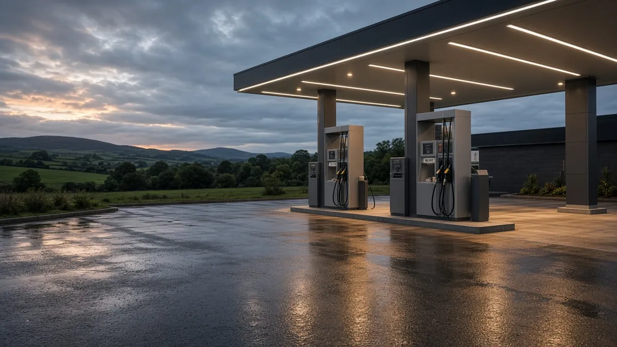 Quiet service-station forecourt at dusk